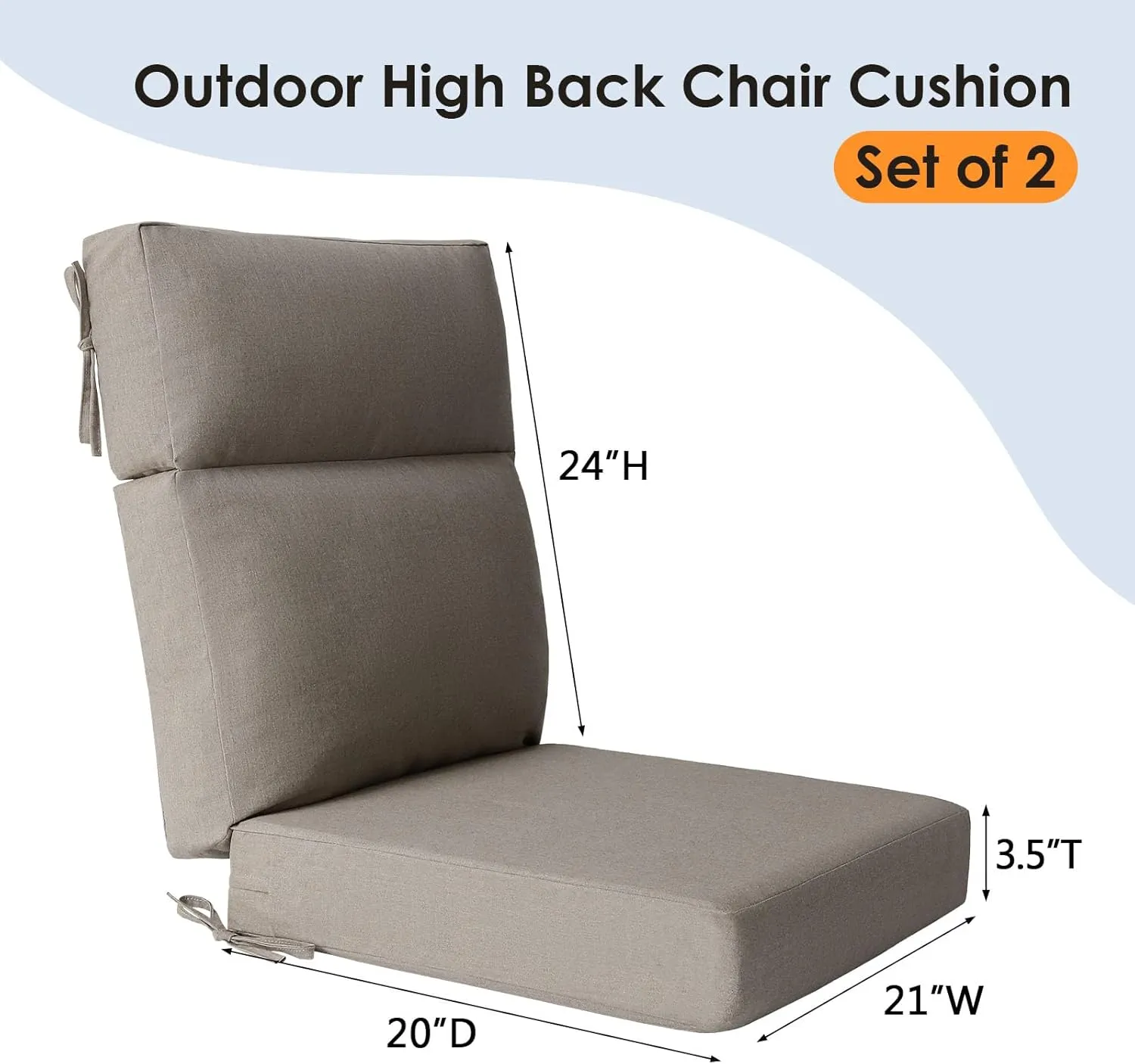 Sunbrella Outdoor High Back Chair Cushion Seat Pads, 2-Pack 44 x 21 Inch Water-Repellent & Fade-Resistant Patio Furniture Cushions with Ties for Adirondack, Rocking Chairs, Cast Shale