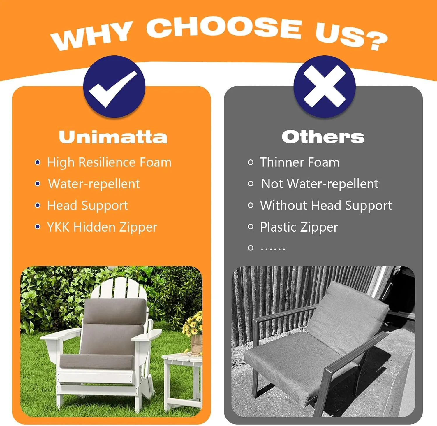 Sunbrella Outdoor High Back Chair Cushion Seat Pads, 2-Pack 44 x 21 Inch Water-Repellent & Fade-Resistant Patio Furniture Cushions with Ties for Adirondack, Rocking Chairs, Cast Shale