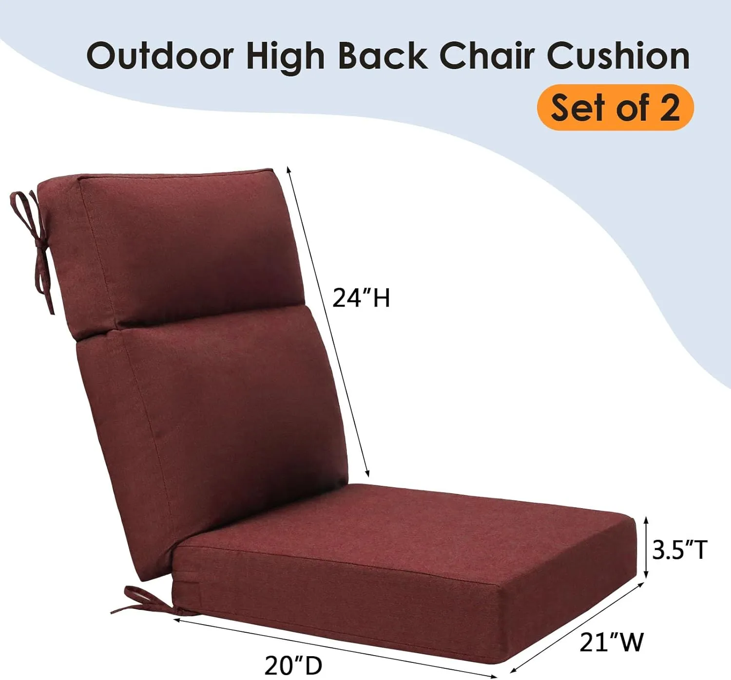 Sunbrella Outdoor High Back Chair Cushion Seat Pads, 2-Pack 44 x 21 Inch Water-Repellent & Fade-Resistant Patio Furniture Cushions with Ties for Adirondack, Rocking Chairs, Spectrum Brick