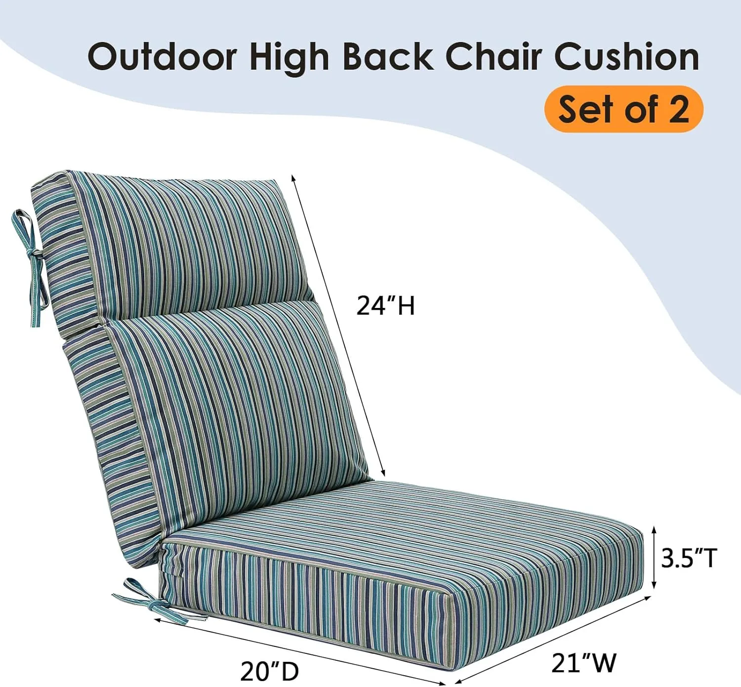 Sunbrella Outdoor High Back Chair Cushion Seat Pads, 2-Pack 44 x 21 Inch Water-Repellent & Fade-Resistant Patio Furniture Cushions with Ties for Adirondack, Rocking Chairs, Swell Turquoise