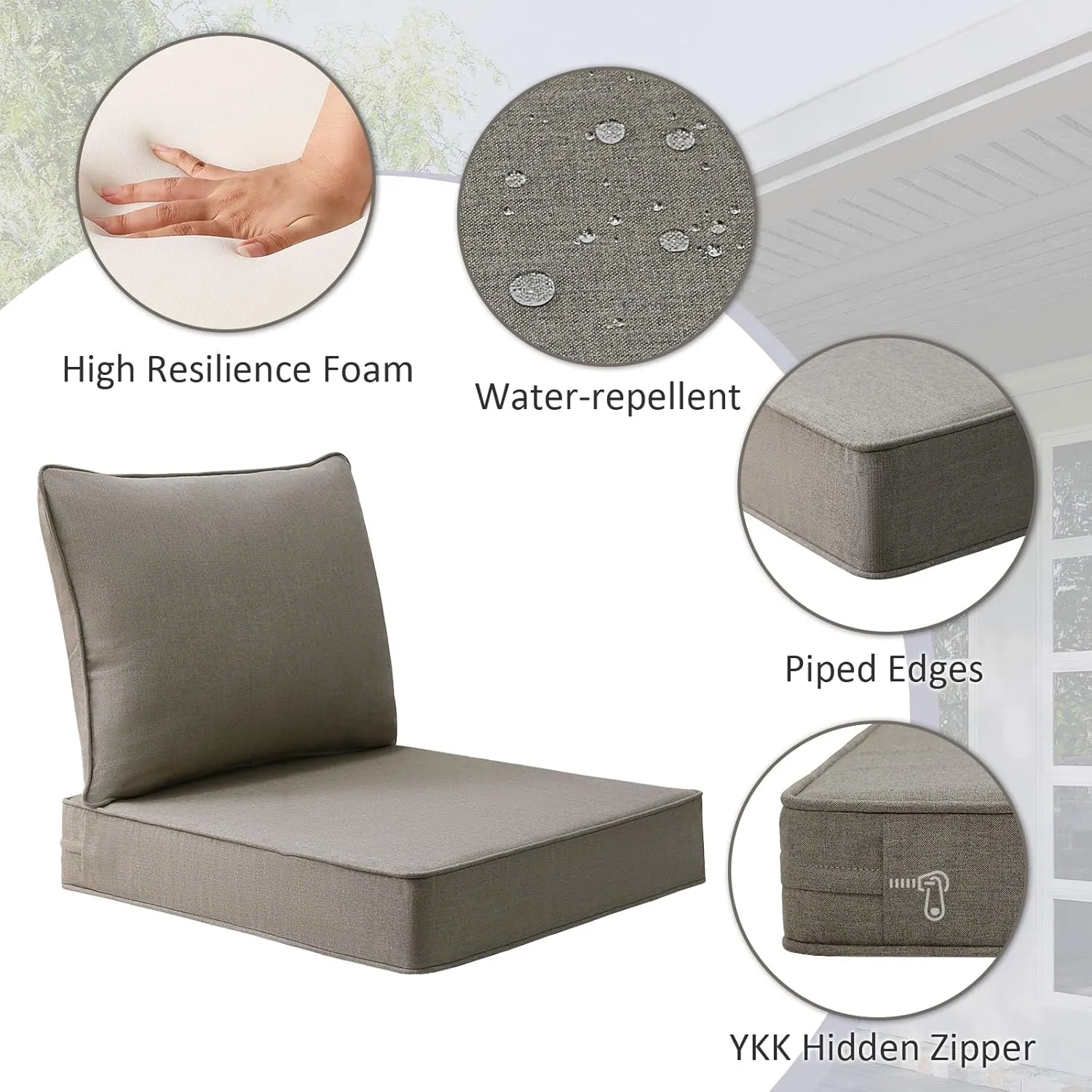 Sunbrella Outdoor Patio Chair Cushions Set, 24" x 24", Set of 2, Water-Repellent, Fade Resistant, Deep Seat Cushion for Backyard, Couch, Sofa and Patio Furniture, Cast Shale
