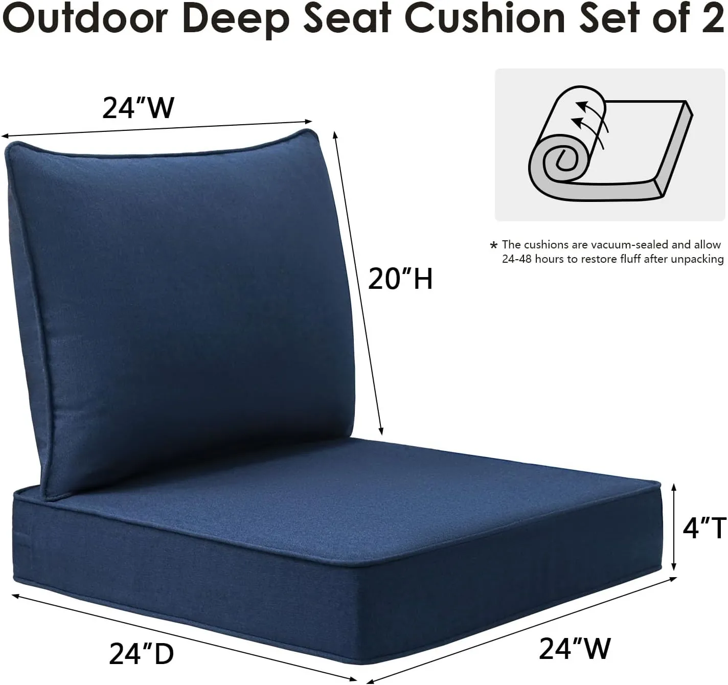 Sunbrella Outdoor Patio Chair Cushions Set, 24" x 24", Set of 2, Water-Repellent, Fade Resistant, Deep Seat Cushion for Backyard, Couch, Sofa and Patio Furniture, Specrtum Indigo