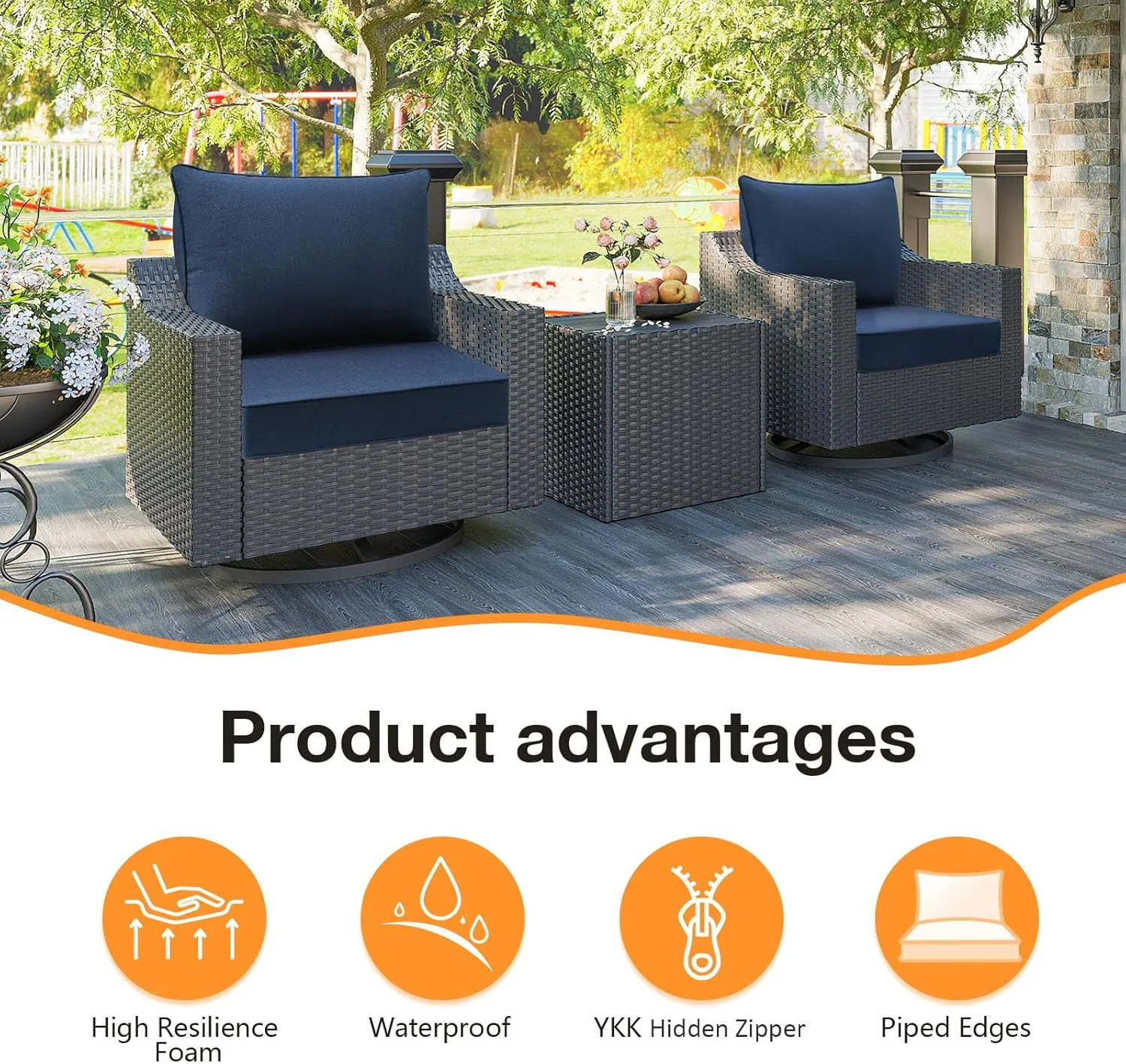 Sunbrella Outdoor Patio Chair Cushions Set, 24" x 24", Set of 2, Water-Repellent, Fade Resistant, Deep Seat Cushion for Backyard, Couch, Sofa and Patio Furniture, Specrtum Indigo
