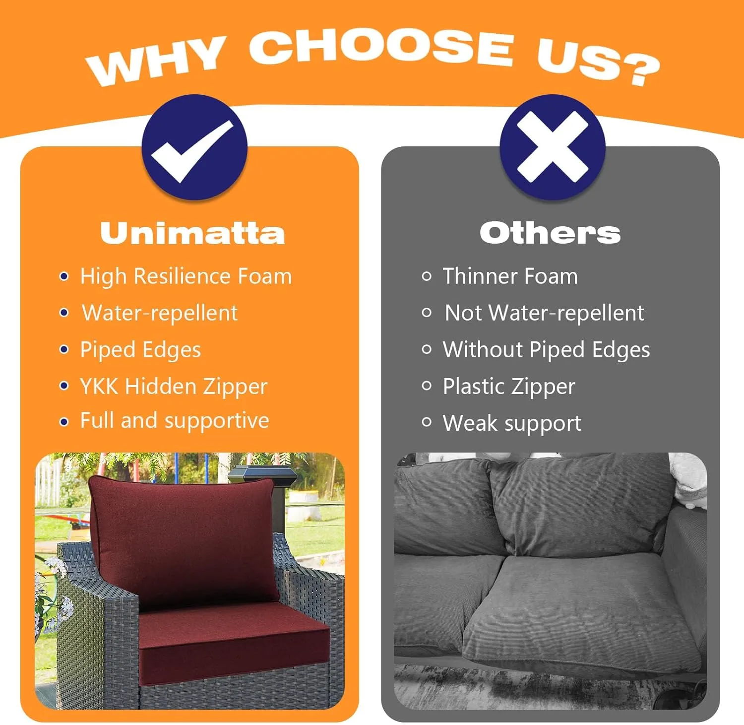 Sunbrella Outdoor Patio Chair Cushions Set, 24" x 24", Set of 2, Water-Repellent, Fade Resistant, Deep Seat Cushion for Backyard, Couch, Sofa and Patio Furniture, Spectrum Brick