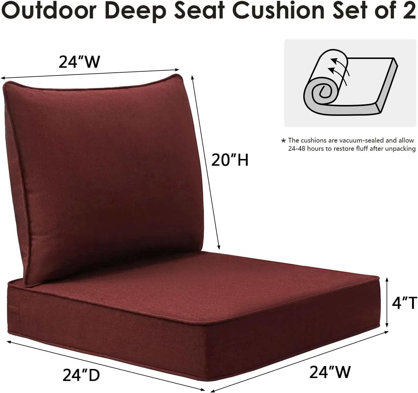 Sunbrella Outdoor Patio Chair Cushions Set, 24" x 24", Set of 2, Water-Repellent, Fade Resistant, Deep Seat Cushion for Backyard, Couch, Sofa and Patio Furniture, Spectrum Brick