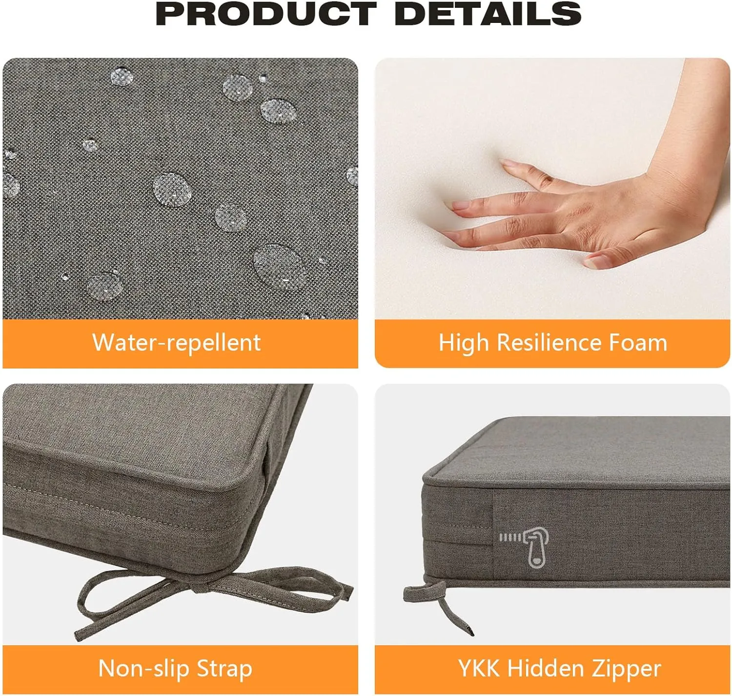 Sunbrella Square Corner Seat Cushions, 19" x 19" x 3", Set of 4, Indoor Outdoor Waterproof Weather Resistant Universal Chair Pads with Ties for Patio Furniture, Garden Dining Chairs, Cast Shale