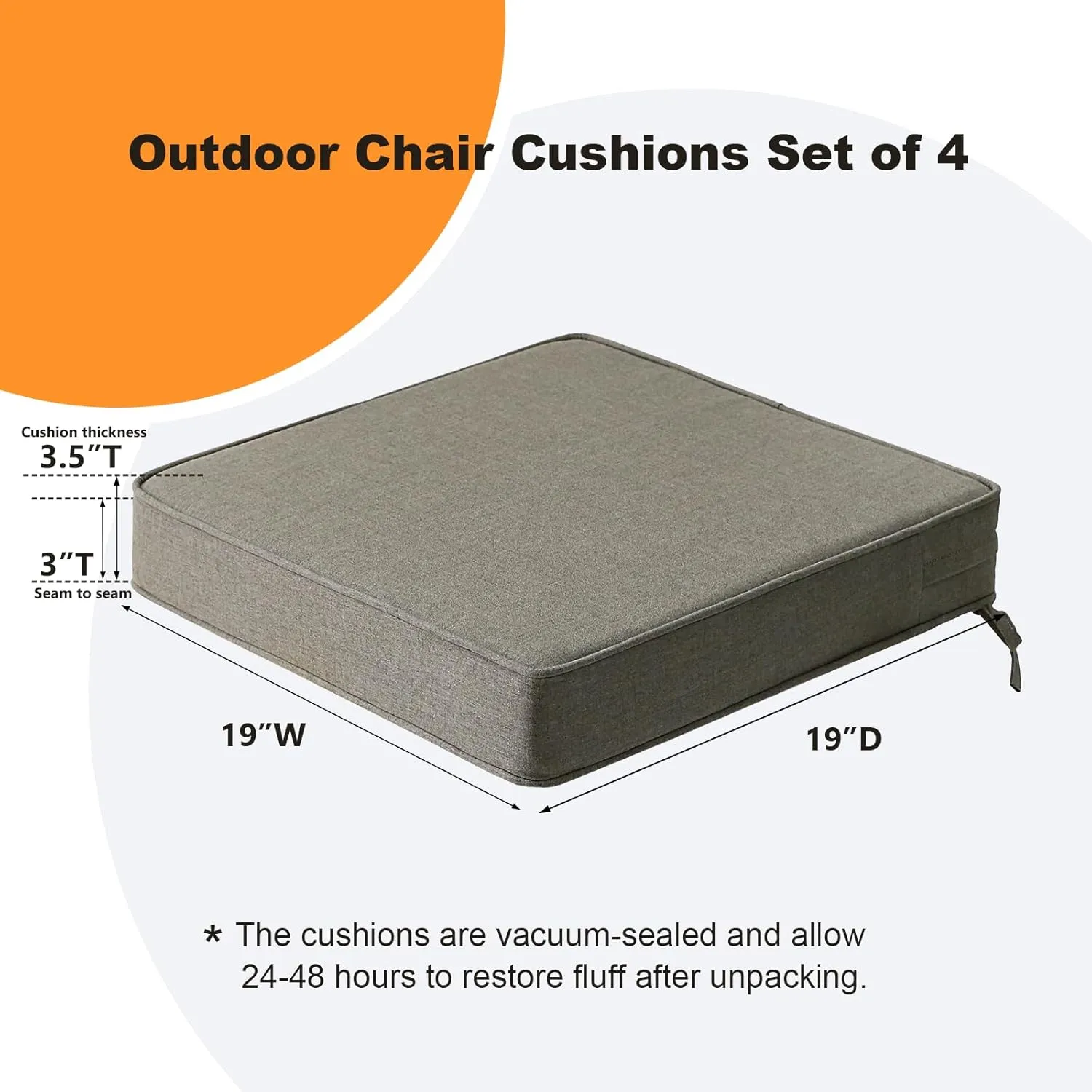 Sunbrella Square Corner Seat Cushions, 19" x 19" x 3", Set of 4, Indoor Outdoor Waterproof Weather Resistant Universal Chair Pads with Ties for Patio Furniture, Garden Dining Chairs, Cast Shale