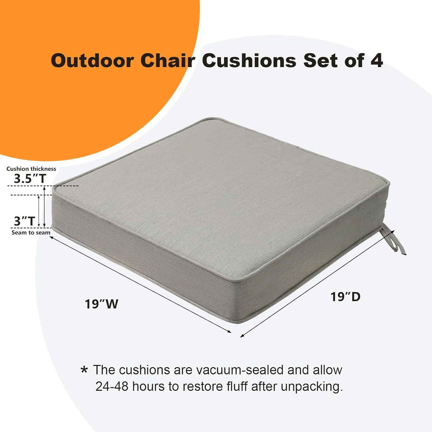 Sunbrella Square Corner Seat Cushions, 19" x 19" x 3", Set of 4, Indoor Outdoor Waterproof Weather Resistant Universal Chair Pads with Ties for Patio Furniture, Garden Dining Chairs, Specrtum Pebble