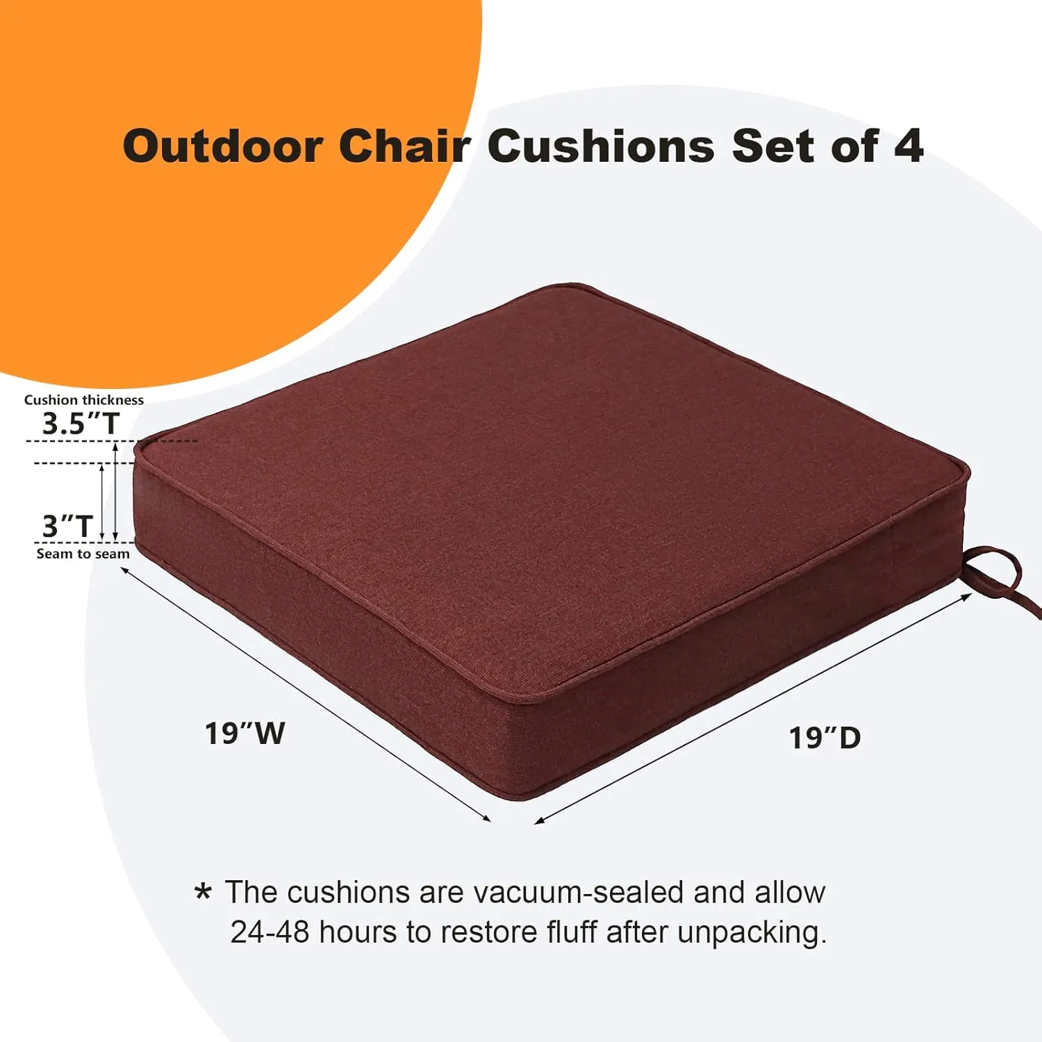 Sunbrella Square Corner Seat Cushions, 19" x 19" x 3", Set of 4, Indoor Outdoor Waterproof Weather Resistant Universal Chair Pads with Ties for Patio Furniture, Garden Dining Chairs, Spectrum Brick