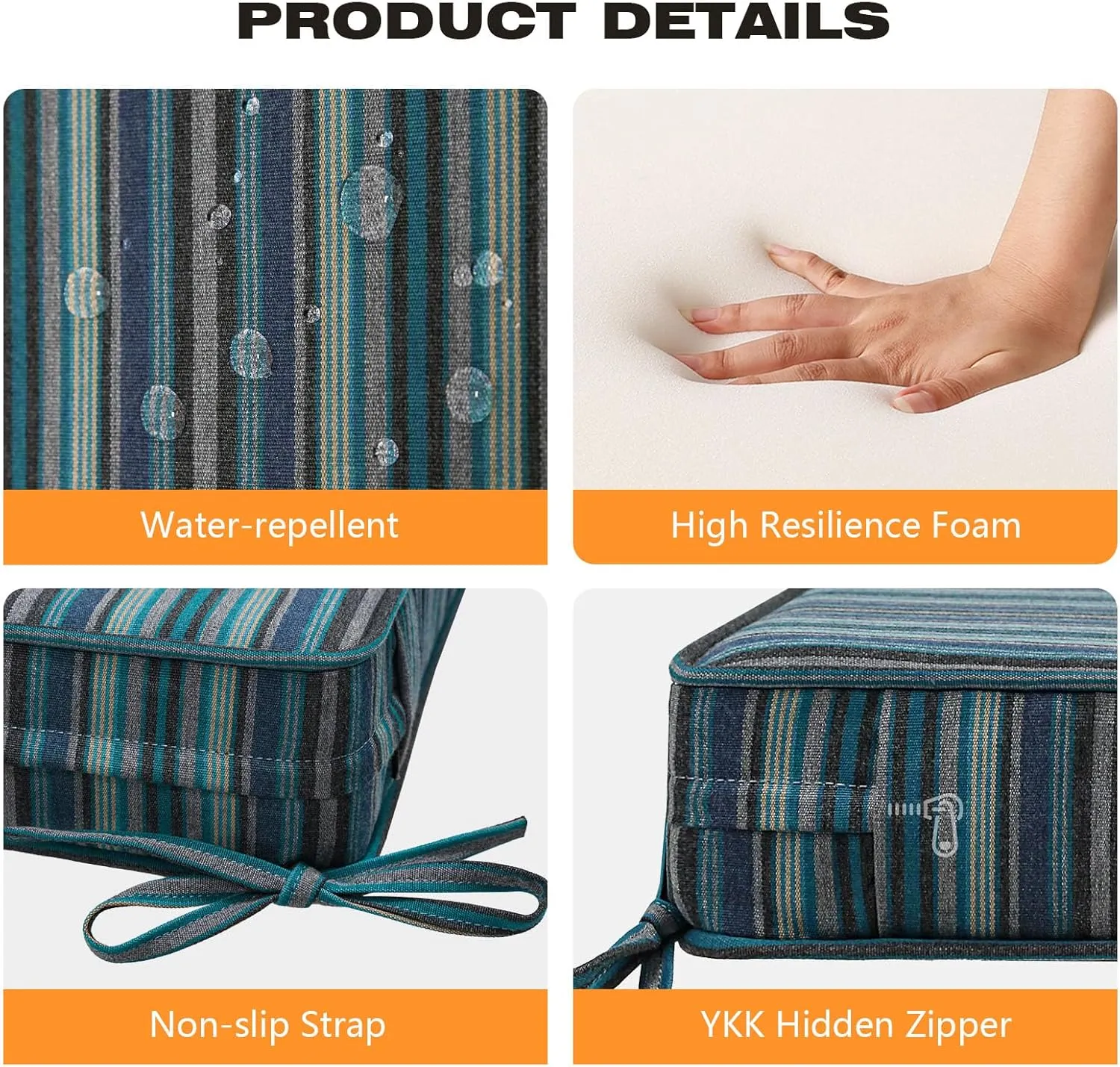 Sunbrella Square Corner Seat Cushions, 19" x 19" x 3", Set of 4, Indoor Outdoor Waterproof Weather Resistant Universal Chair Pads with Ties for Patio Furniture, Garden Dining Chairs, Troupe Dock