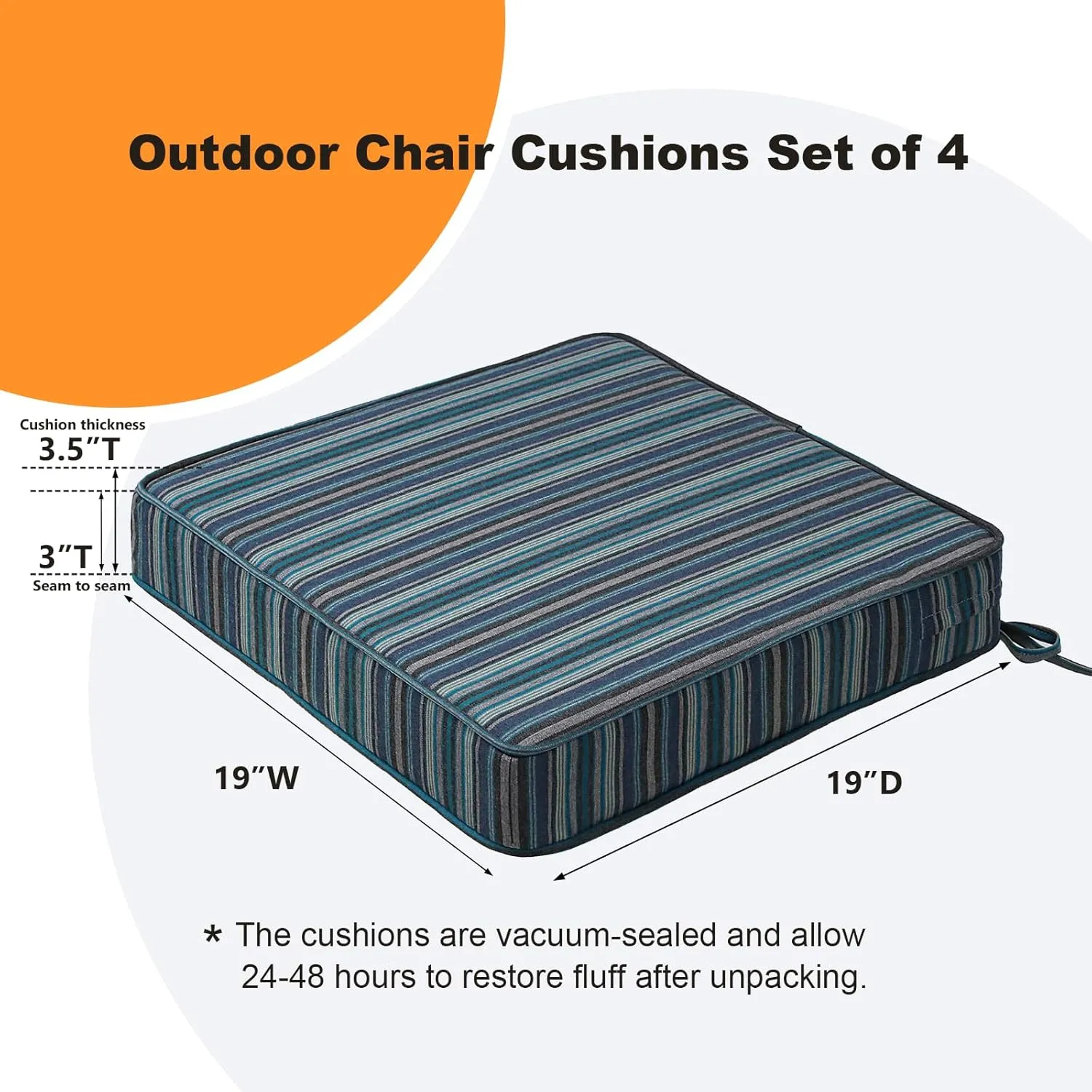 Sunbrella Square Corner Seat Cushions, 19" x 19" x 3", Set of 4, Indoor Outdoor Waterproof Weather Resistant Universal Chair Pads with Ties for Patio Furniture, Garden Dining Chairs, Troupe Dock