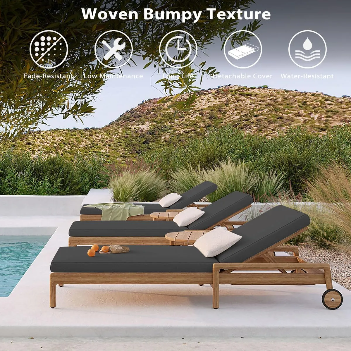 Sundale Outdoor Olefin Chaise Lounge Cushion Set of 2, Water-Resistant Patio Lounge Chair Cushion, Thick Lounger Pad with 8 Straps Dark Gray, 80 x 26 x 4 Inches