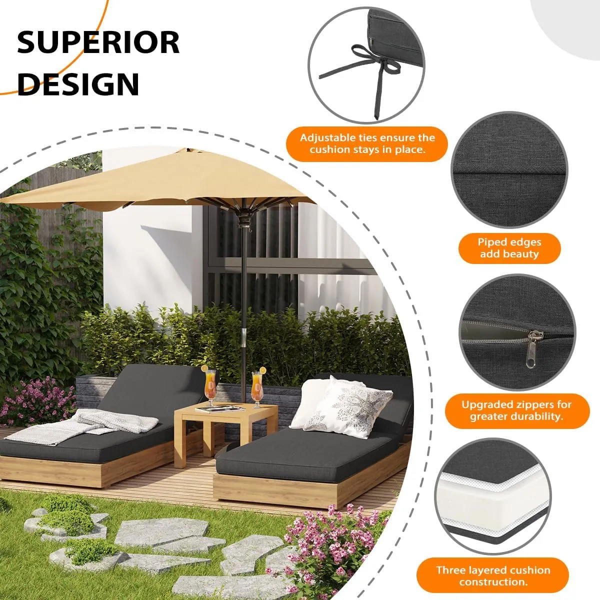 Sundale Outdoor Olefin Chaise Lounge Cushion Set of 2, Water-Resistant Patio Lounge Chair Cushion, Thick Lounger Pad with 8 Straps Dark Gray, 80 x 26 x 4 Inches