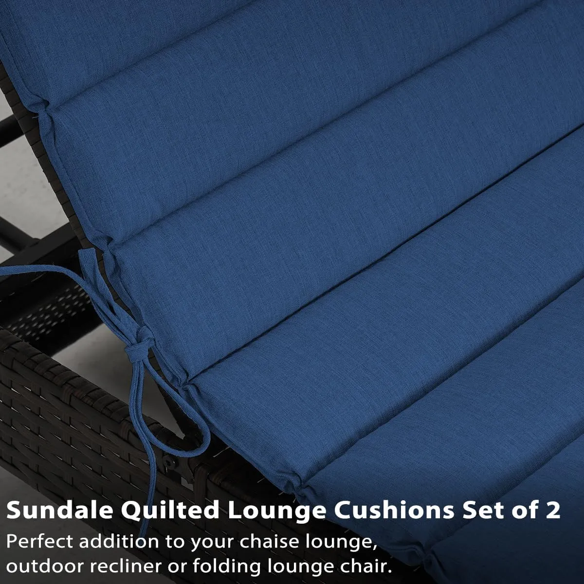 Sundale Outdoor Olefin Quilted Lounge Cushion Set of 2, Patio Foldable Chaise Lounger Cushion, Water-Resistant Lounge Chair Pad with Straps Dark Blue, 72 x 21 inches