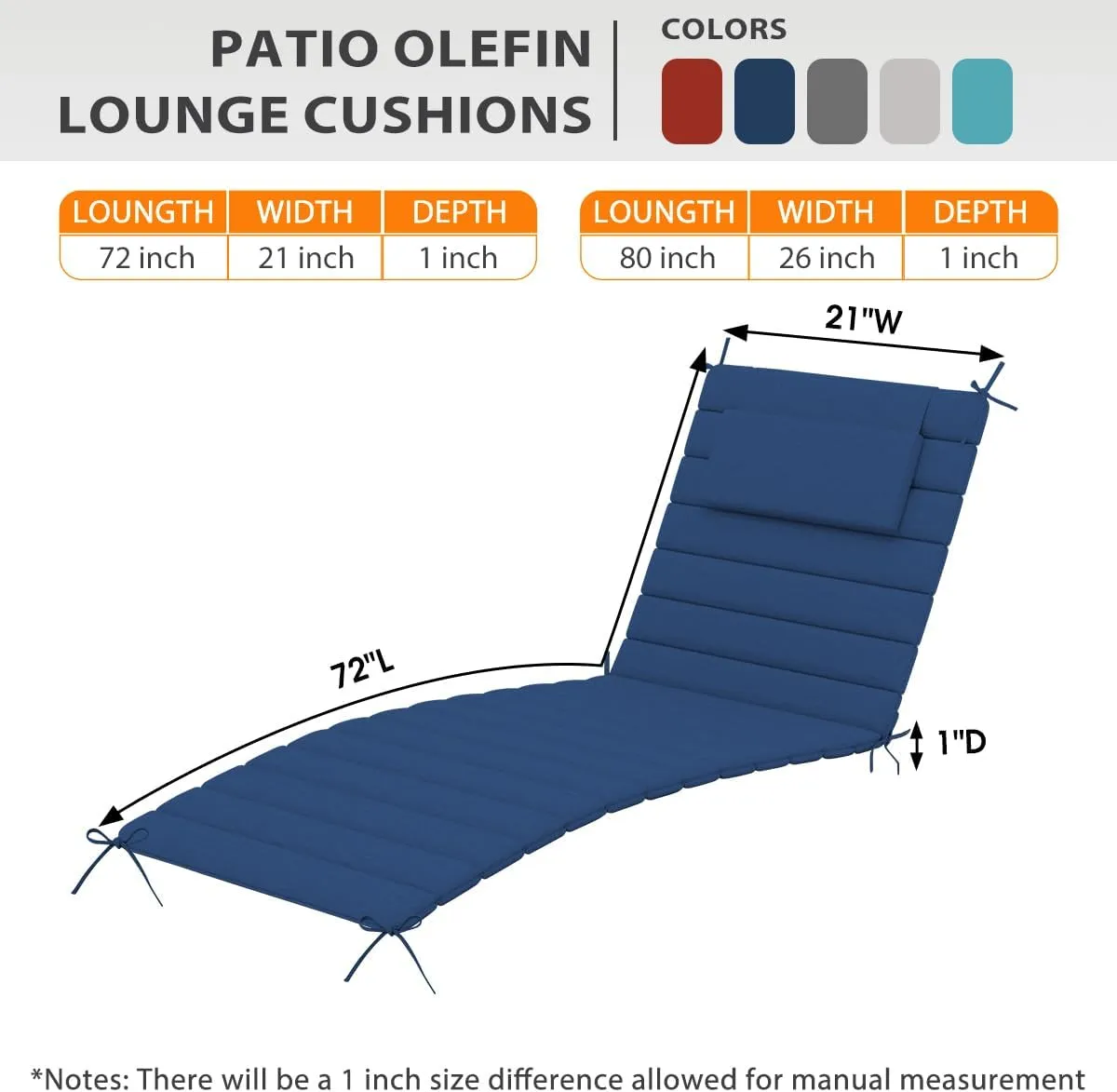 Sundale Outdoor Olefin Quilted Lounge Cushion Set of 2, Patio Foldable Chaise Lounger Cushion, Water-Resistant Lounge Chair Pad with Straps Dark Blue, 72 x 21 inches