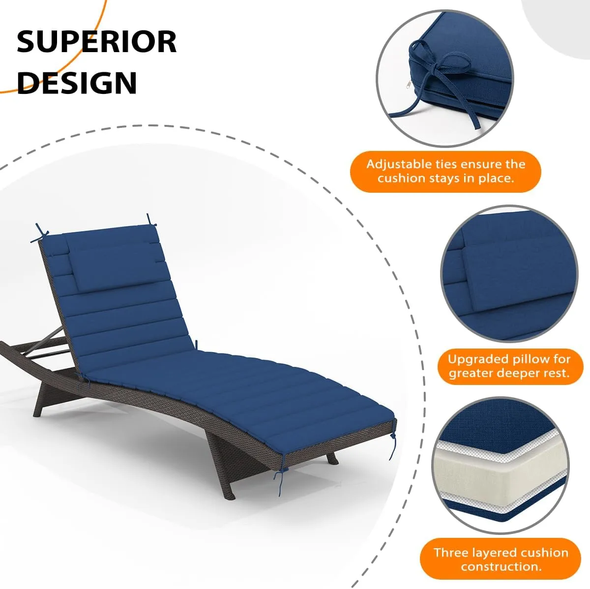 Sundale Outdoor Olefin Quilted Lounge Cushion Set of 2, Patio Foldable Chaise Lounger Cushion, Water-Resistant Lounge Chair Pad with Straps Dark Blue, 72 x 21 inches