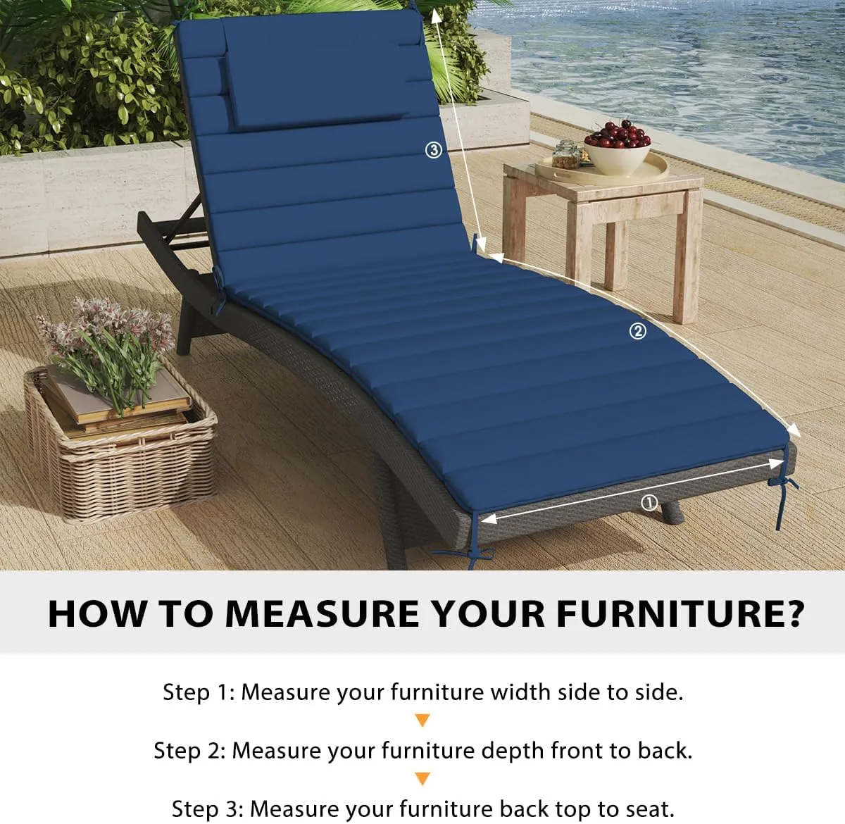 Sundale Outdoor Olefin Quilted Lounge Cushion Set of 2, Patio Foldable Chaise Lounger Cushion, Water-Resistant Lounge Chair Pad with Straps Dark Blue, 72 x 21 inches