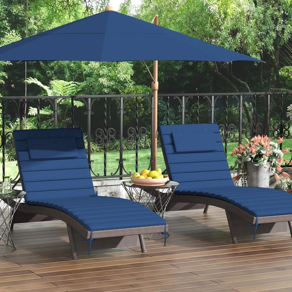 Sundale Outdoor Olefin Quilted Lounge Cushion Set of 2, Patio Foldable Chaise Lounger Cushion, Water-Resistant Lounge Chair Pad with Straps Dark Blue, 72 x 21 inches