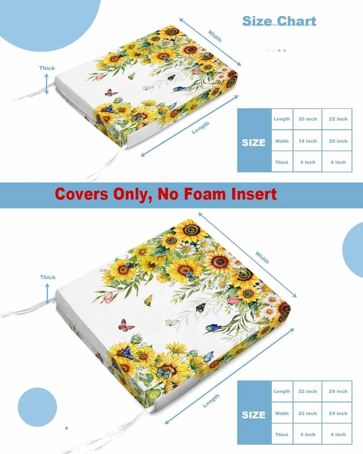 Sunflower Outdoor Cushion Chair Cover Set of 2 - Waterproof Couch Seat Covers, Summer Botanical Butterfly Watercolor Patio Furniture Protector Cushions Slipcovers for Sofa/RV, 20"x18"x4"