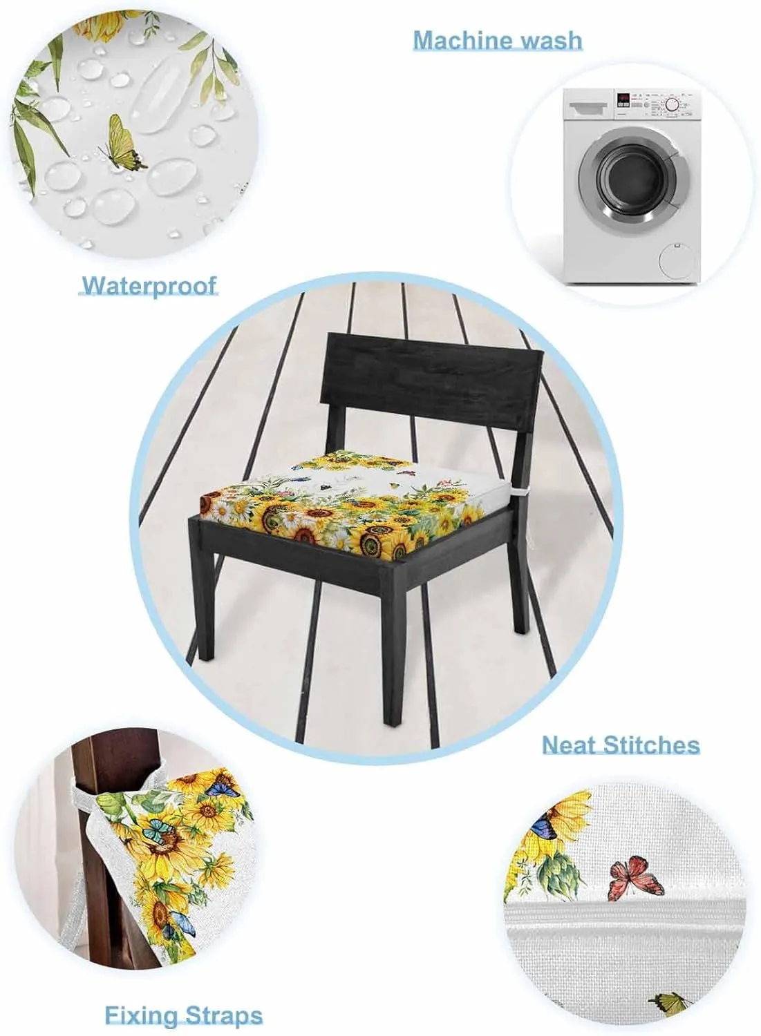 Sunflower Outdoor Cushion Chair Cover Set of 2 - Waterproof Couch Seat Covers, Summer Botanical Butterfly Watercolor Patio Furniture Protector Cushions Slipcovers for Sofa/RV, 20"x18"x4"