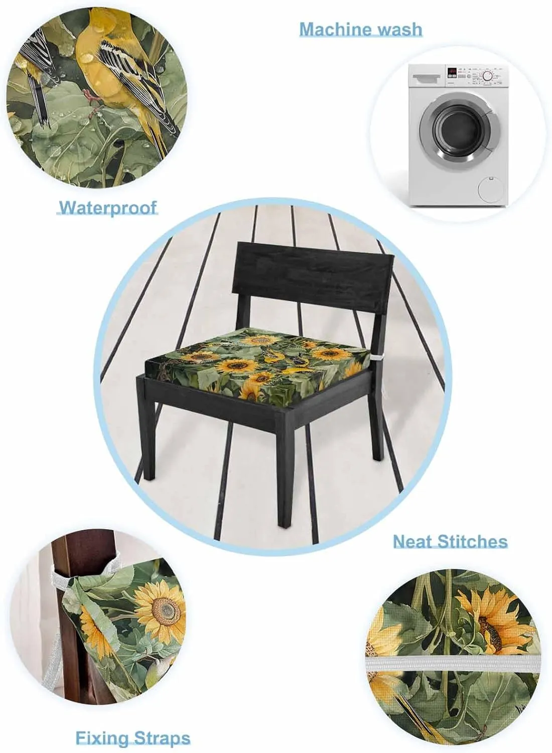 Sunflower Outdoor Cushion Chair Cover Set of 2 - Waterproof Couch Seat Covers, Yellow Summer Floral Birds Pastoral Patio Furniture Protector Cushions Slipcovers for Sofa/RV, 22"x20"x4"