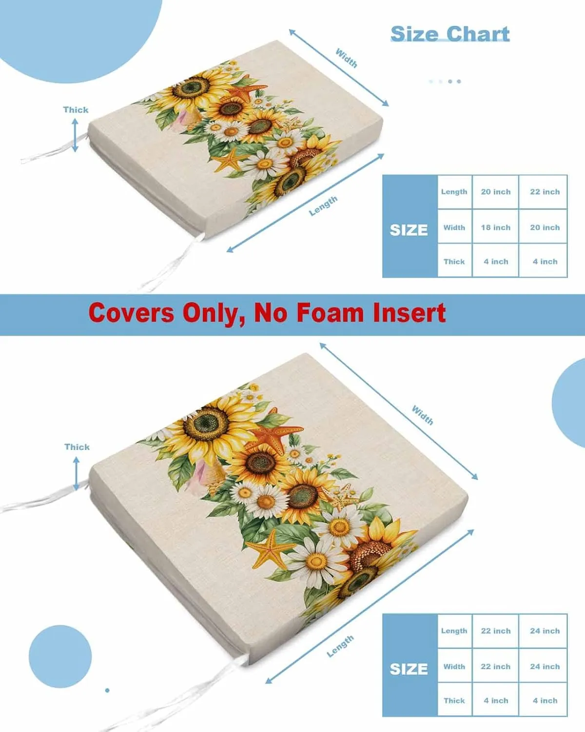 Sunflower Outdoor Cushion Chair Cover Set of 2 - Waterproof Couch Seat Covers, Yellow Summer Floral Pastoral Rustic Patio Furniture Protector Cushions Slipcovers for Sofa/RV, 24"x24"x4"