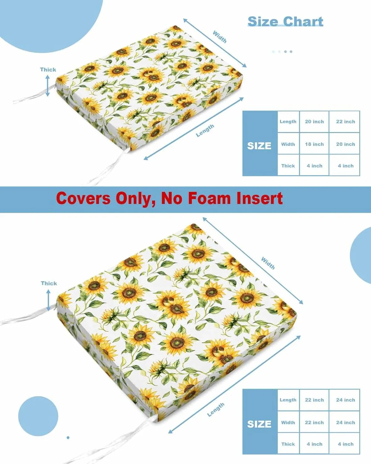 Sunflower Outdoor Cushion Chair Cover Set of 4 - Waterproof Couch Seat Covers, Farmhouse Flowers Summer Botanical Patio Furniture Protector Cushions Slipcovers for Sofa/RV, 20"x18"x4"