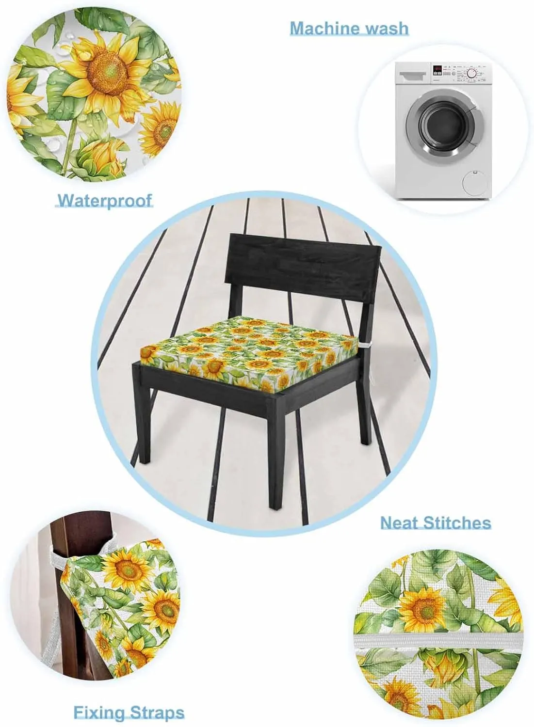 Sunflower Outdoor Cushion Chair Cover Set of 4 - Waterproof Couch Seat Covers, Farmhouse Summer Botanical Watercolor Patio Furniture Protector Cushions Slipcovers for Sofa/RV, 22"x20"x4"