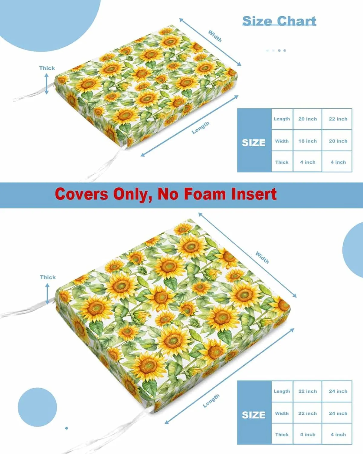 Sunflower Outdoor Cushion Chair Cover Set of 4 - Waterproof Couch Seat Covers, Farmhouse Summer Botanical Watercolor Patio Furniture Protector Cushions Slipcovers for Sofa/RV, 22"x20"x4"