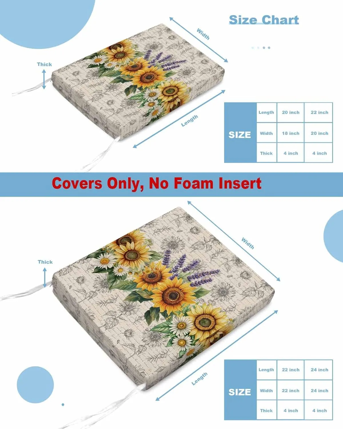Sunflower Outdoor Cushion Chair Cover Set of 4 - Waterproof Couch Seat Covers, Summer Botanical Lavender Farmhouse Patio Furniture Protector Cushions Slipcovers for Sofa/RV, 22"x20"x4"