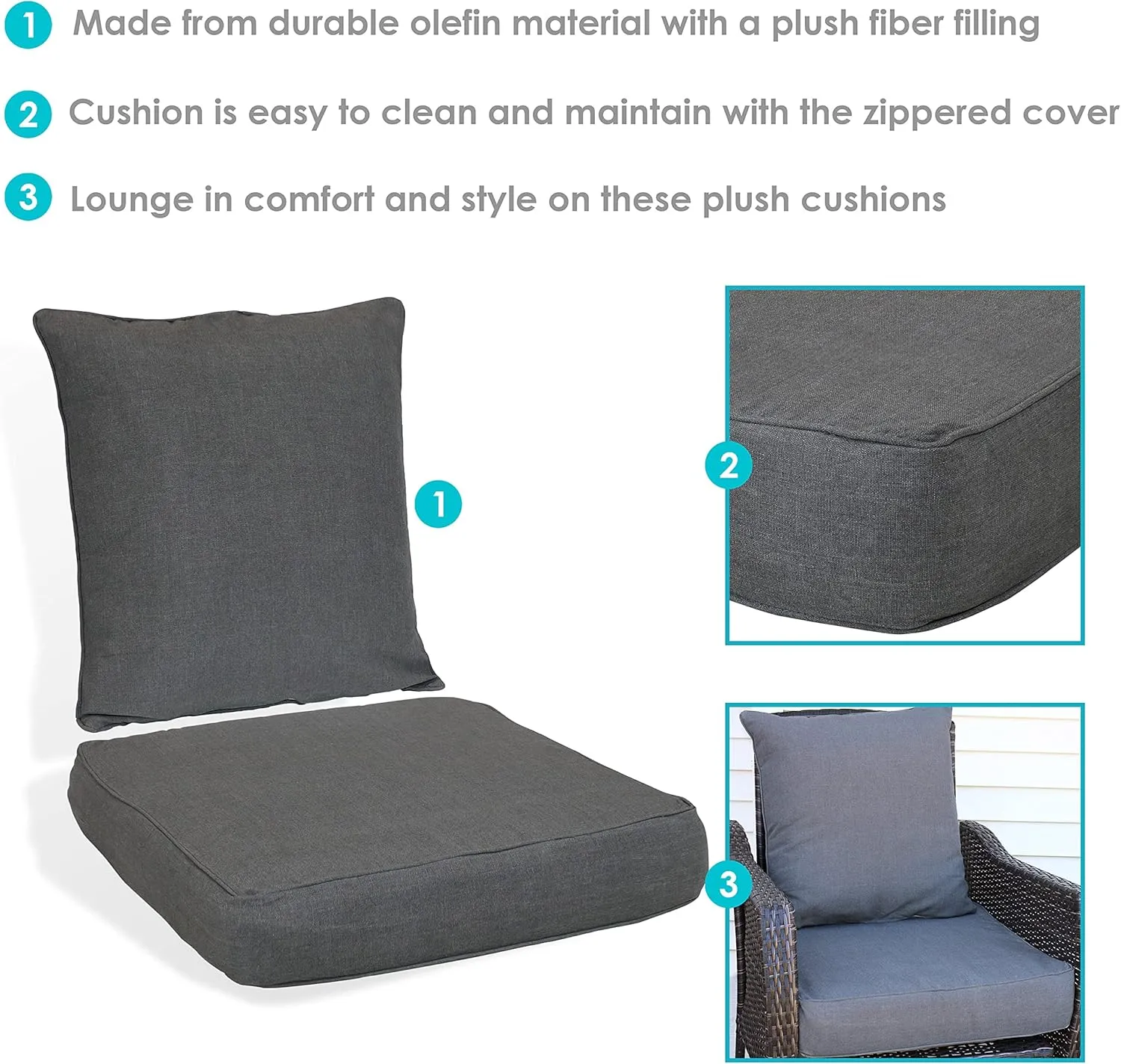 Sunnydaze 2-Piece Indoor/Outdoor Back and Seat Cushion Set for Deep Seating Patio Chair - Gray