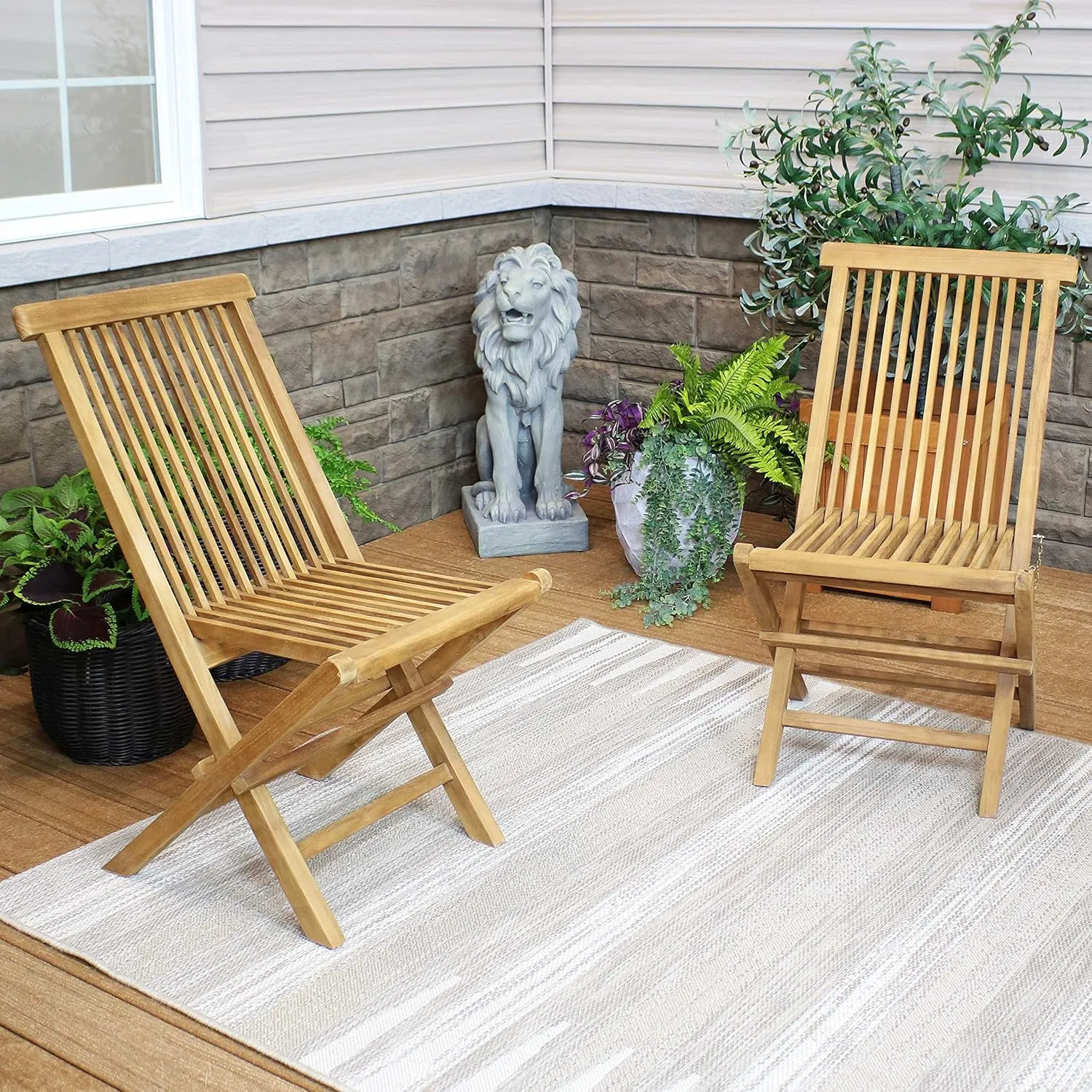 Sunnydaze Hyannis Solid Teak Wood Folding Chairs - Outdoor Wooden Patio Chairs - Foldable - Light Wood Stain Finished - Set of 2