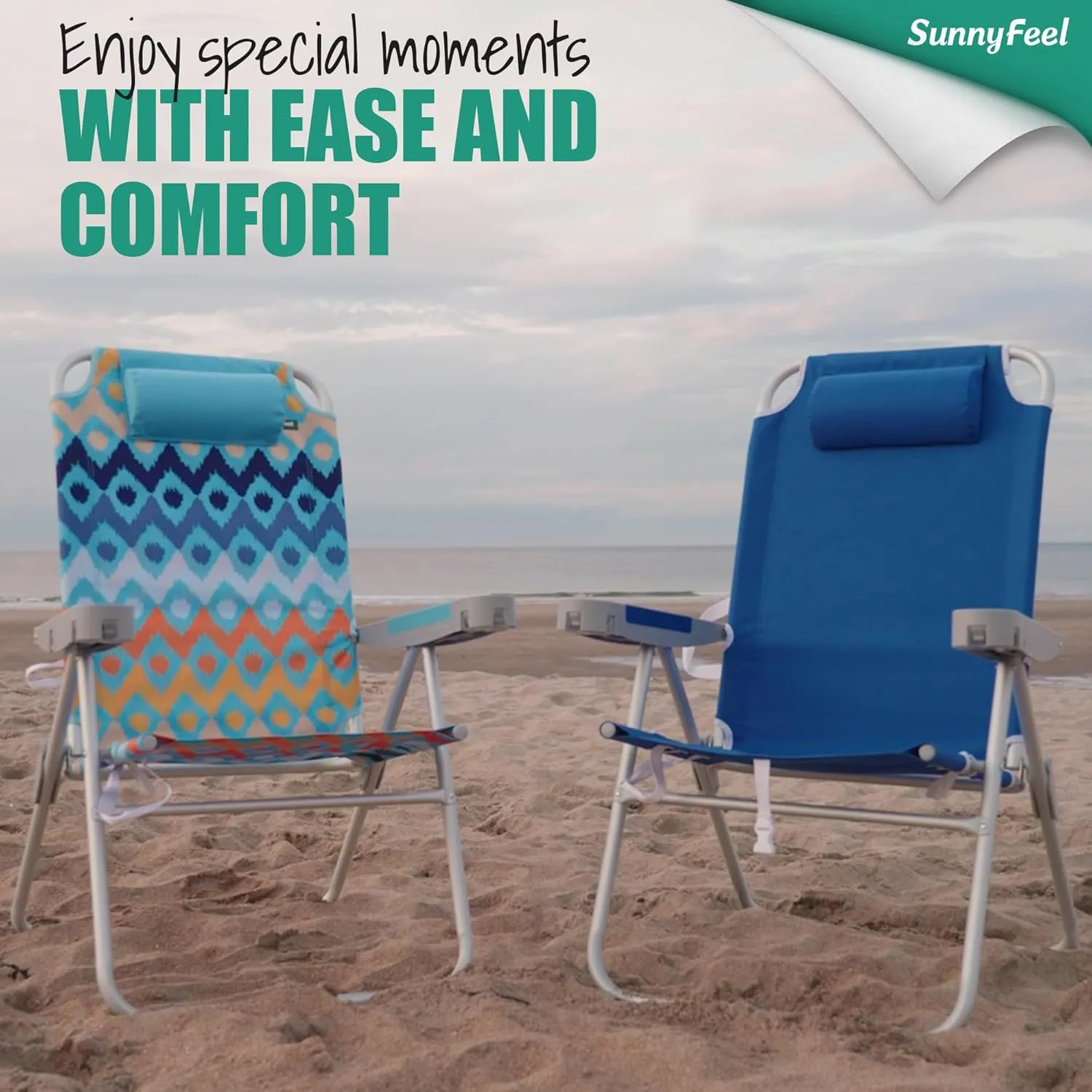 SUNNYFEEL 17" Tall Oversized Beach Chairs 2 Pack for Adults Heavy Duty 500 LBS, 5 Position, Portable High Folding Camping Chair with Cup Holder for Outdoor/Lawn/Trip, Foldable Sand Chairs for Adults