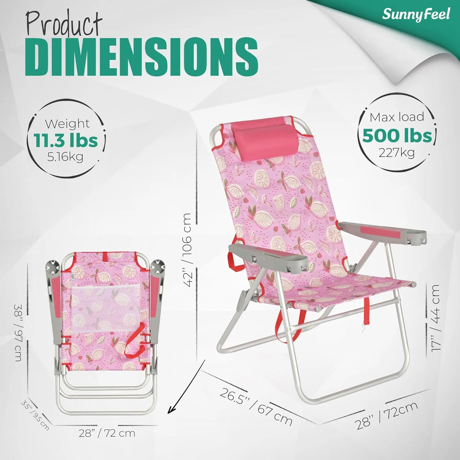 SUNNYFEEL 17" Tall Oversized Beach Chairs 2 Pack for Adults Heavy Duty 500 LBS, 5 Position, Portable High Folding Camping Chair with Cup Holder for Outdoor/Lawn/Trip, Foldable Sand Chairs for Adults