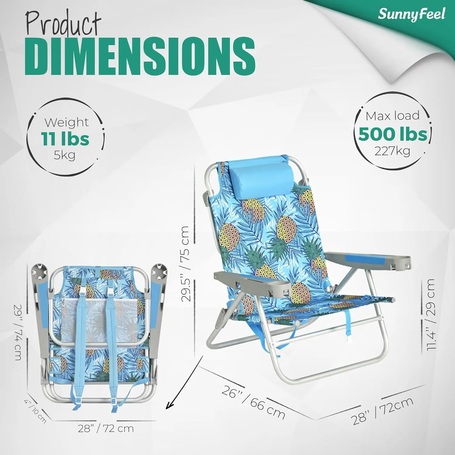 SUNNYFEEL Extra Wide Low Beach Chair 2 Pack 5 Position Lay, XL Oversized Portable Folding Camping Chairs with Cup Holder for Outdoor/Sand, Foldable Backpack Beach Chair for Adults Heavy Duty 500 LBS