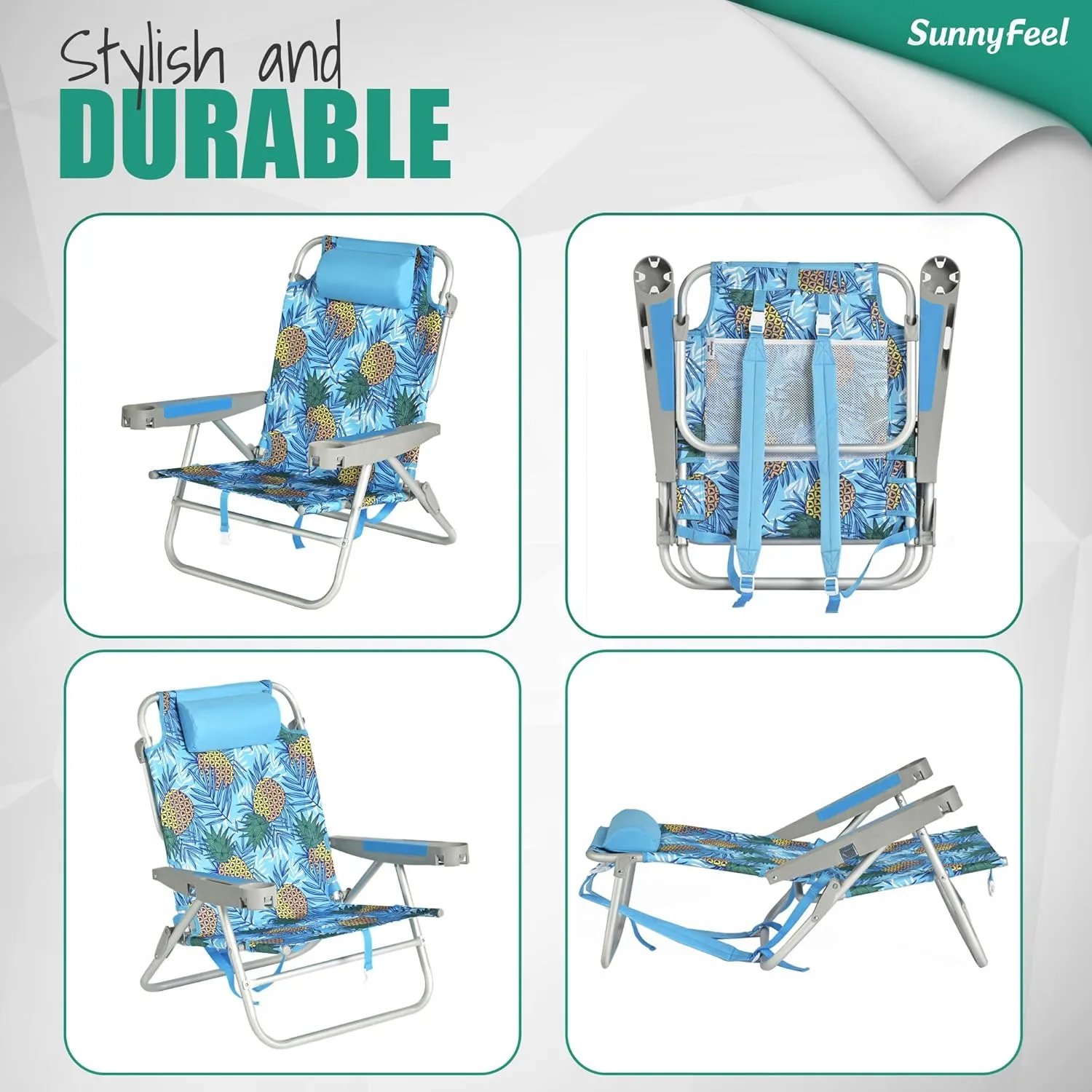 SUNNYFEEL Extra Wide Low Beach Chair 2 Pack 5 Position Lay, XL Oversized Portable Folding Camping Chairs with Cup Holder for Outdoor/Sand, Foldable Backpack Beach Chair for Adults Heavy Duty 500 LBS