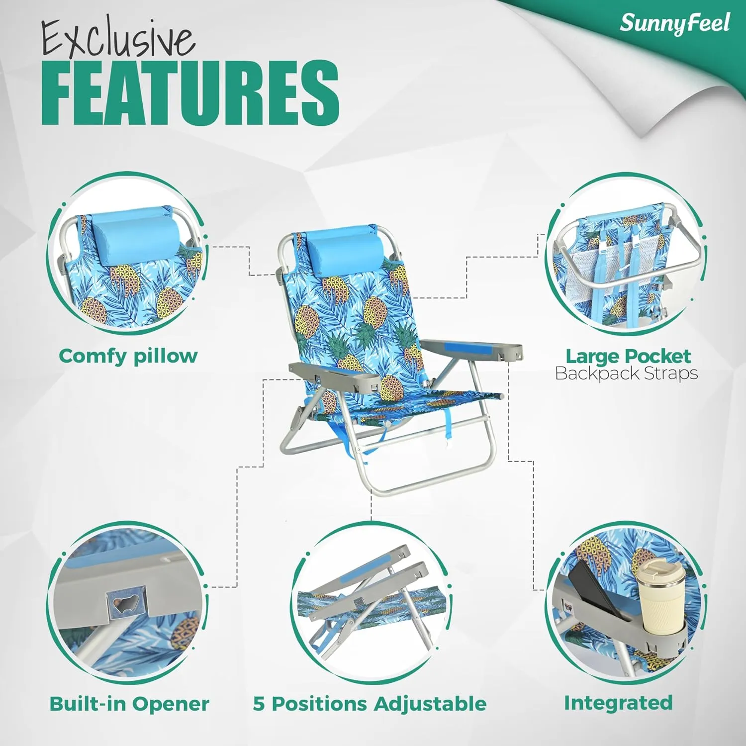 SUNNYFEEL Extra Wide Low Beach Chair 2 Pack 5 Position Lay, XL Oversized Portable Folding Camping Chairs with Cup Holder for Outdoor/Sand, Foldable Backpack Beach Chair for Adults Heavy Duty 500 LBS