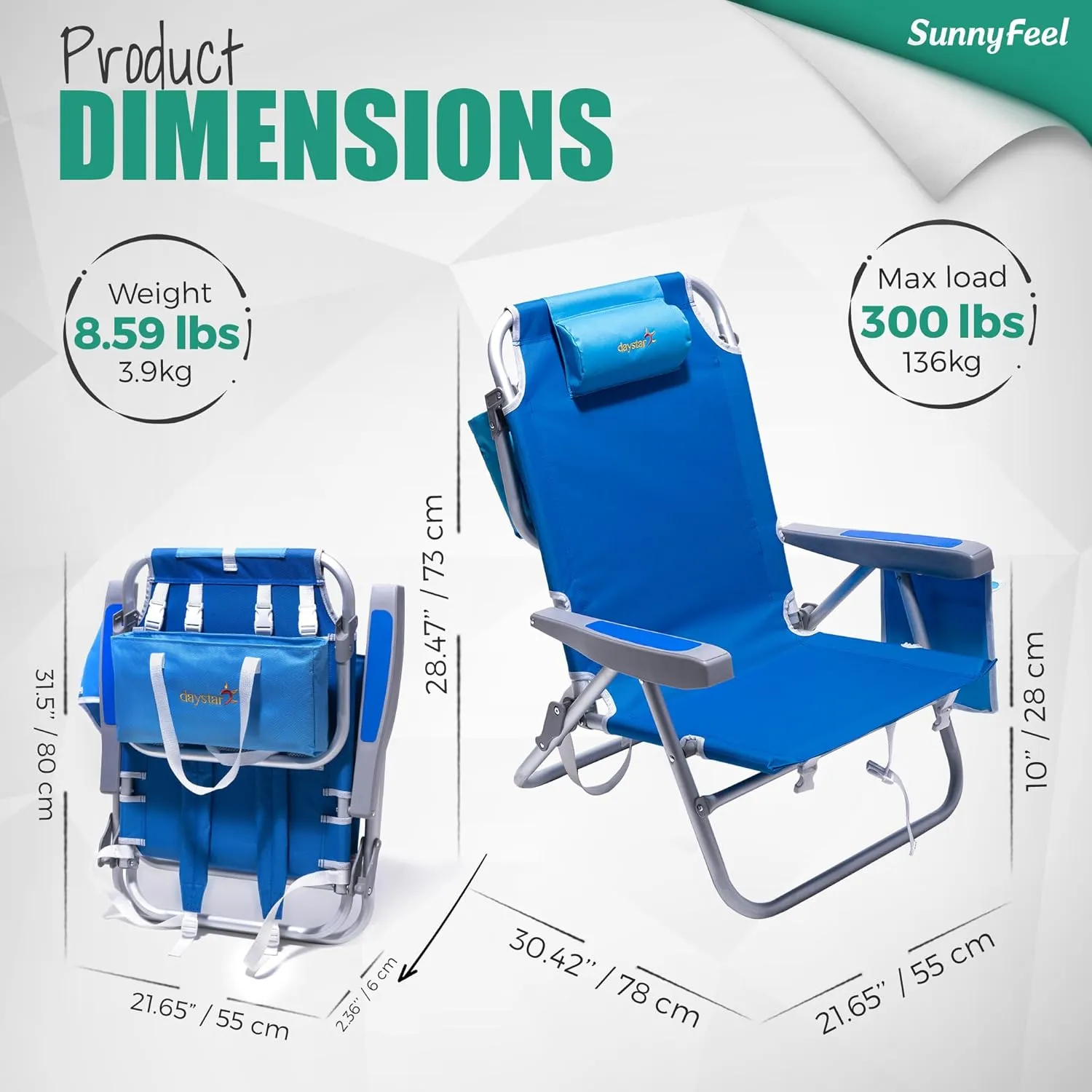 SUNNYFEEL Low Beach Chair 5 Position Lay Flat, Portable Folding Backpack Beach Chairs Heavy Duty with Cooler Bag, Cup Holder for Outdoor/Lawn/Trip/Picnic/Fishing, Foldable Camping Chair (New Blue)