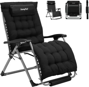 SUNNYFEEL Zero Gravity Chair Patio Folding Lawn Outdoor Lounge Gravity Camp Reclining Lounge Chair 33In 500LBS with Cup Holder Pillows for Poolside Backyard and Beach (Black)