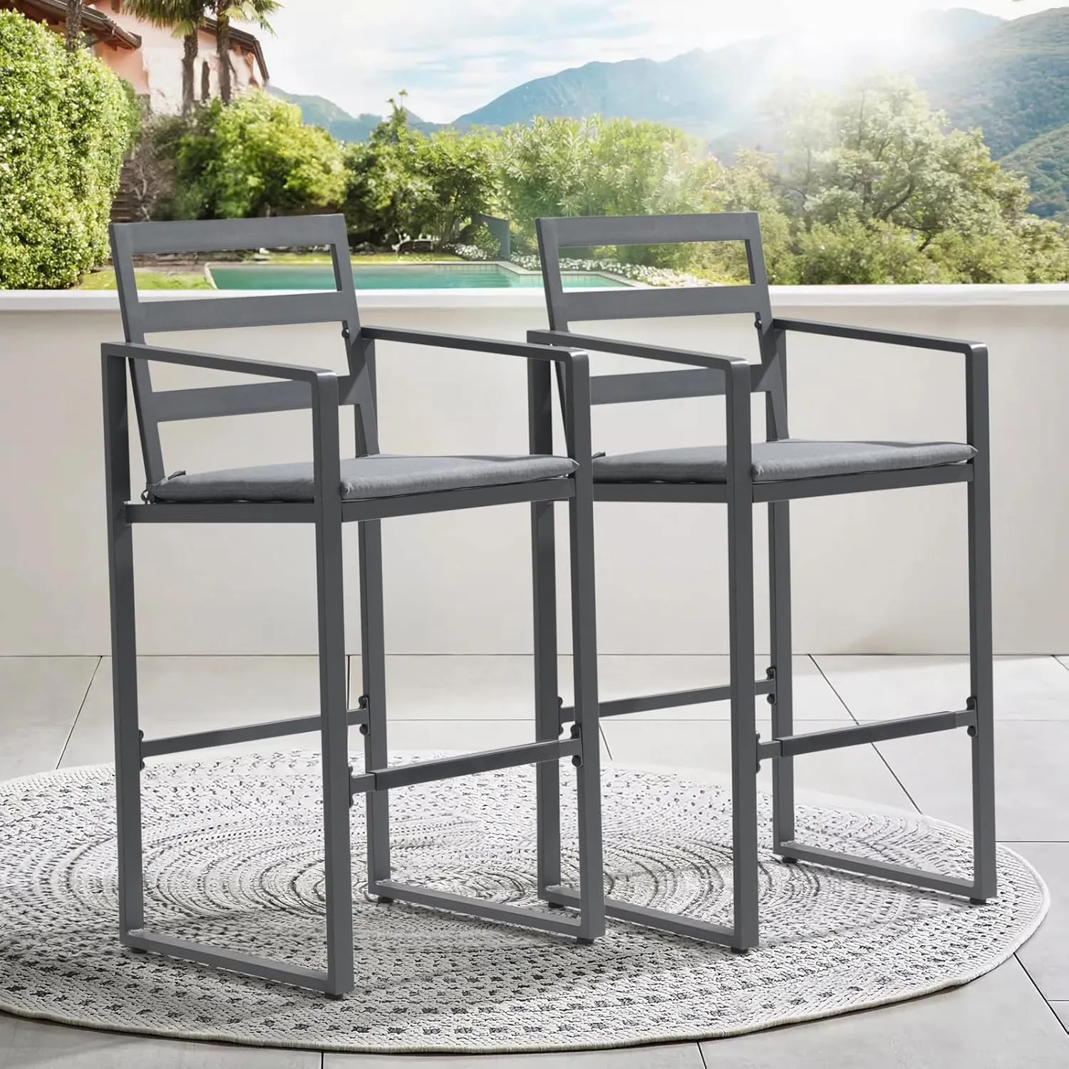 SUNSITT Outdoor Bar Stools Set of 4, All-Weather Aluminum Barstools Bar Height Patio Chairs w/Cushions & Footrest for Backyard Balcony Pool Lawn, Dark-Grey