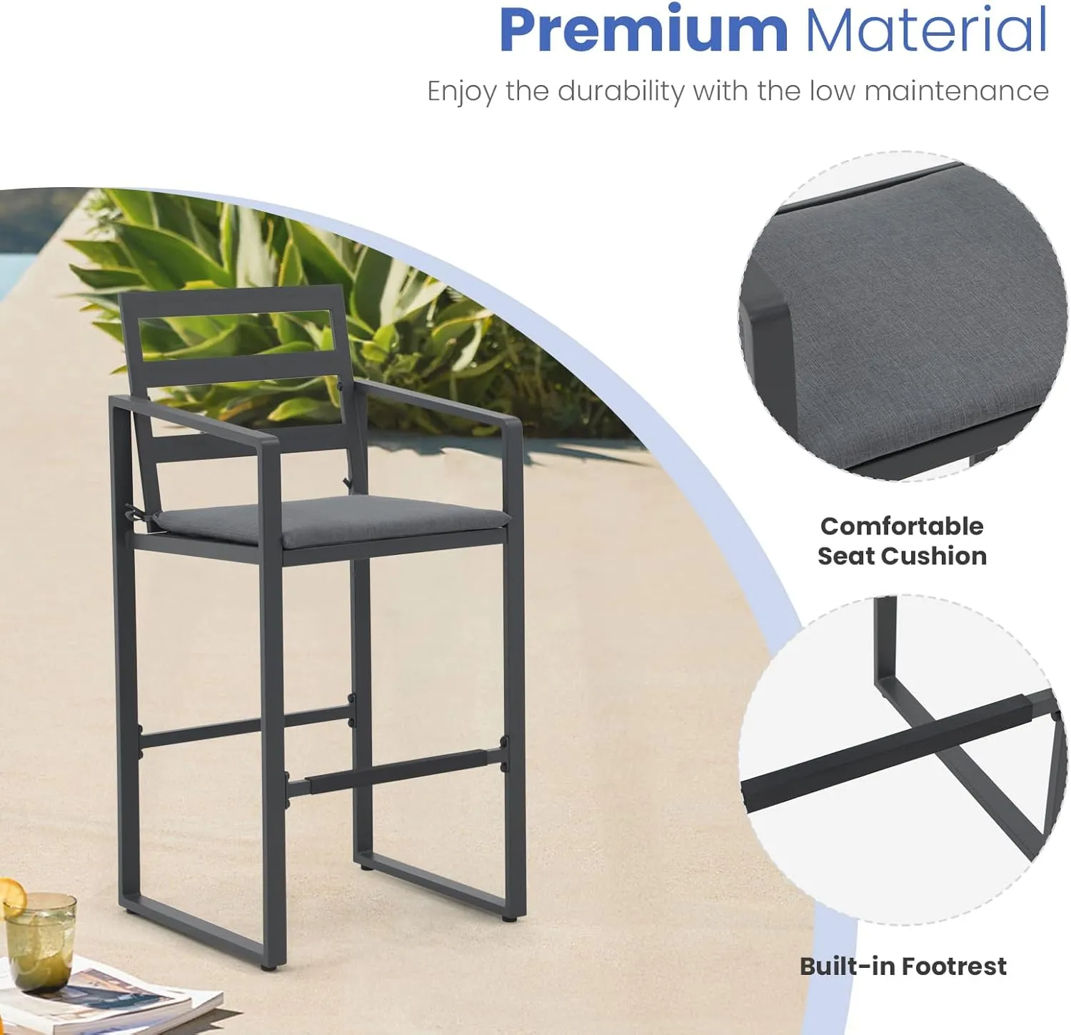 SUNSITT Outdoor Bar Stools Set of 4, All-Weather Aluminum Barstools Bar Height Patio Chairs w/Cushions & Footrest for Backyard Balcony Pool Lawn, Dark-Grey