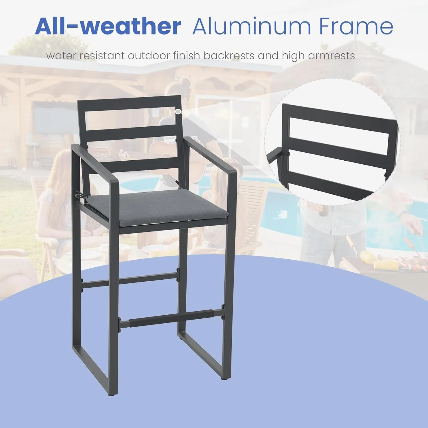 SUNSITT Outdoor Bar Stools Set of 4, All-Weather Aluminum Barstools Bar Height Patio Chairs w/Cushions & Footrest for Backyard Balcony Pool Lawn, Dark-Grey