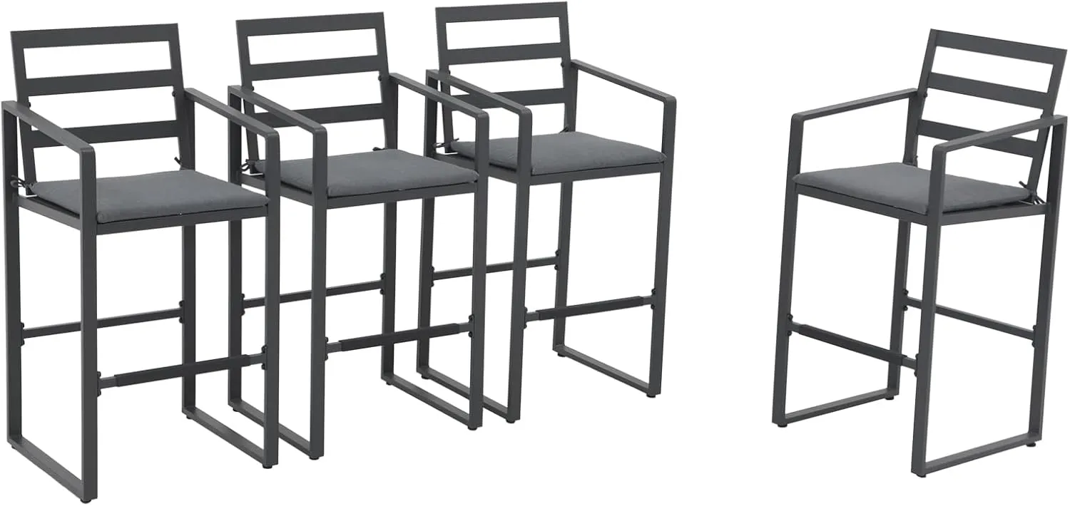 SUNSITT Outdoor Bar Stools Set of 4, All-Weather Aluminum Barstools Bar Height Patio Chairs w/Cushions & Footrest for Backyard Balcony Pool Lawn, Dark-Grey