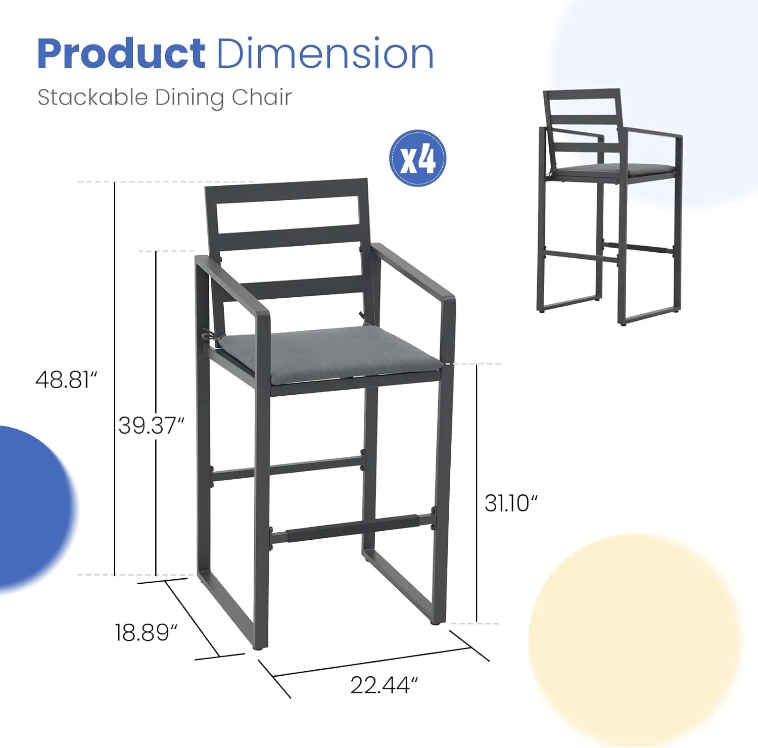 SUNSITT Outdoor Bar Stools Set of 4, All-Weather Aluminum Barstools Bar Height Patio Chairs w/Cushions & Footrest for Backyard Balcony Pool Lawn, Dark-Grey