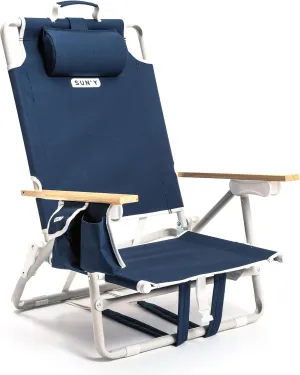 SUN'Y Escapes Backpack Beach Chair - Made w/Ocean Bound Plastics, Customizable w/MOLLE Accessories, Ultra Lightweight, Low-Seat Natural Comfort, Durable, Rust Free & Waterproof - Nautical Navy