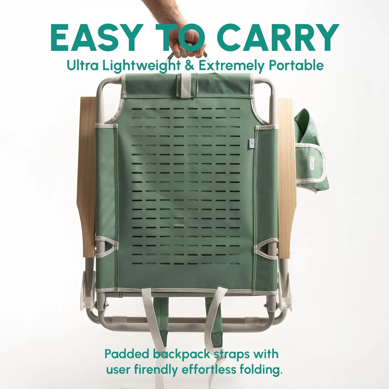 SUN'Y Escapes Backpack Beach Chair - Made w/Ocean Bound Plastics, Customizable w/MOLLE Accessories, Ultra Lightweight, Low-Seat Natural Comfort, Durable, Rust Free & Waterproof - Sea Green