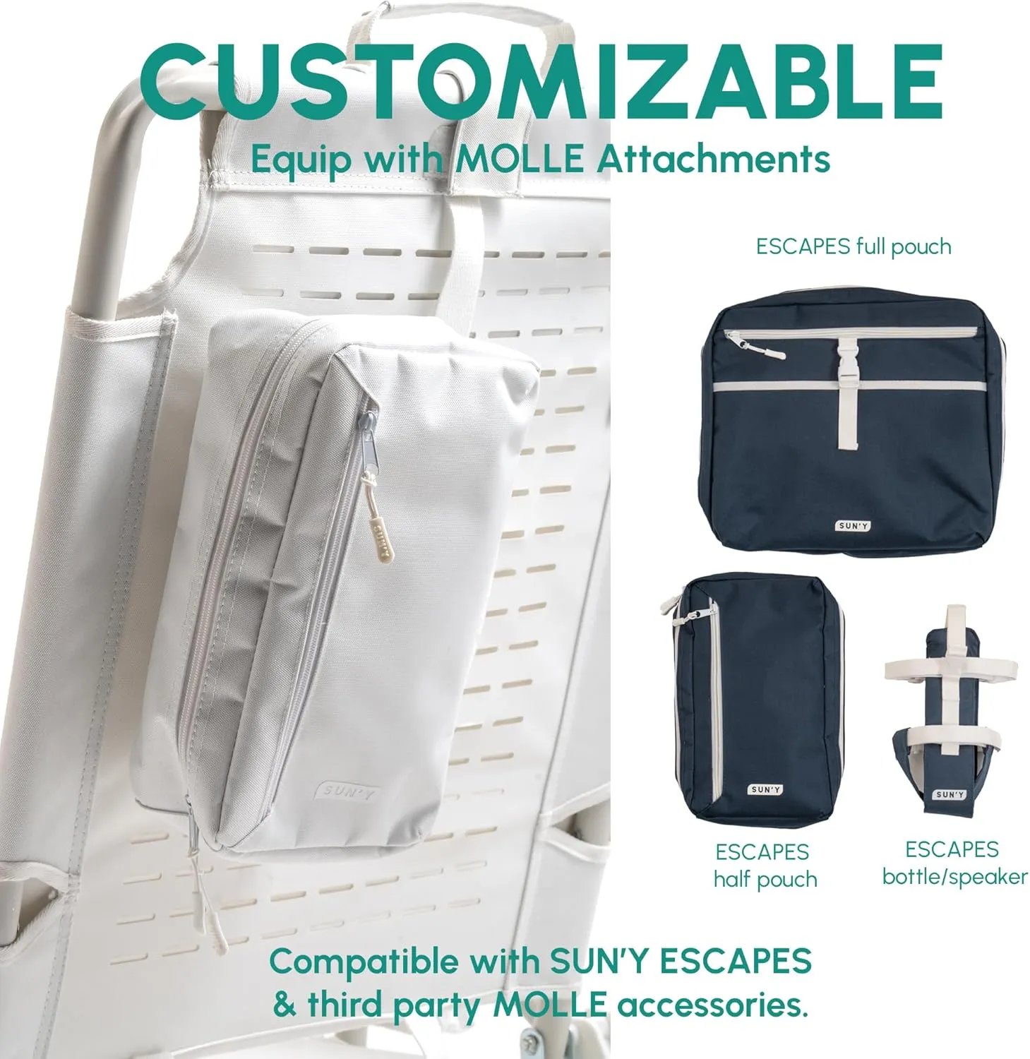 SUN'Y Escapes Backpack Beach Chair - Made w/Ocean Bound Plastics, Customizable w/MOLLE Accessories, Ultra Lightweight, Low-Seat Natural Comfort, Durable, Rust Free & Waterproof - Seashell White