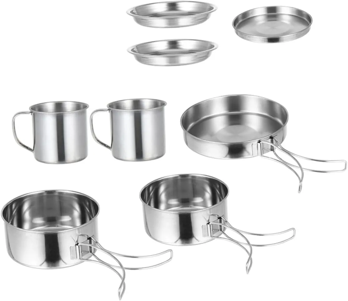 SUPVOX Portable Camping Cooking Set 8-Piece Stainless Steel Mess Kit Picnic Cookware for Outdoor Hiking BBQ