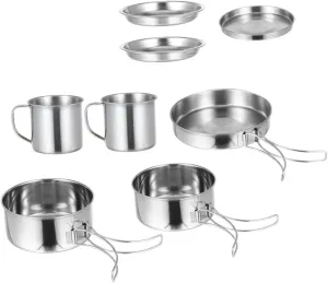 SUPVOX Portable Camping Cooking Set 8-Piece Stainless Steel Mess Kit Picnic Cookware for Outdoor Hiking BBQ