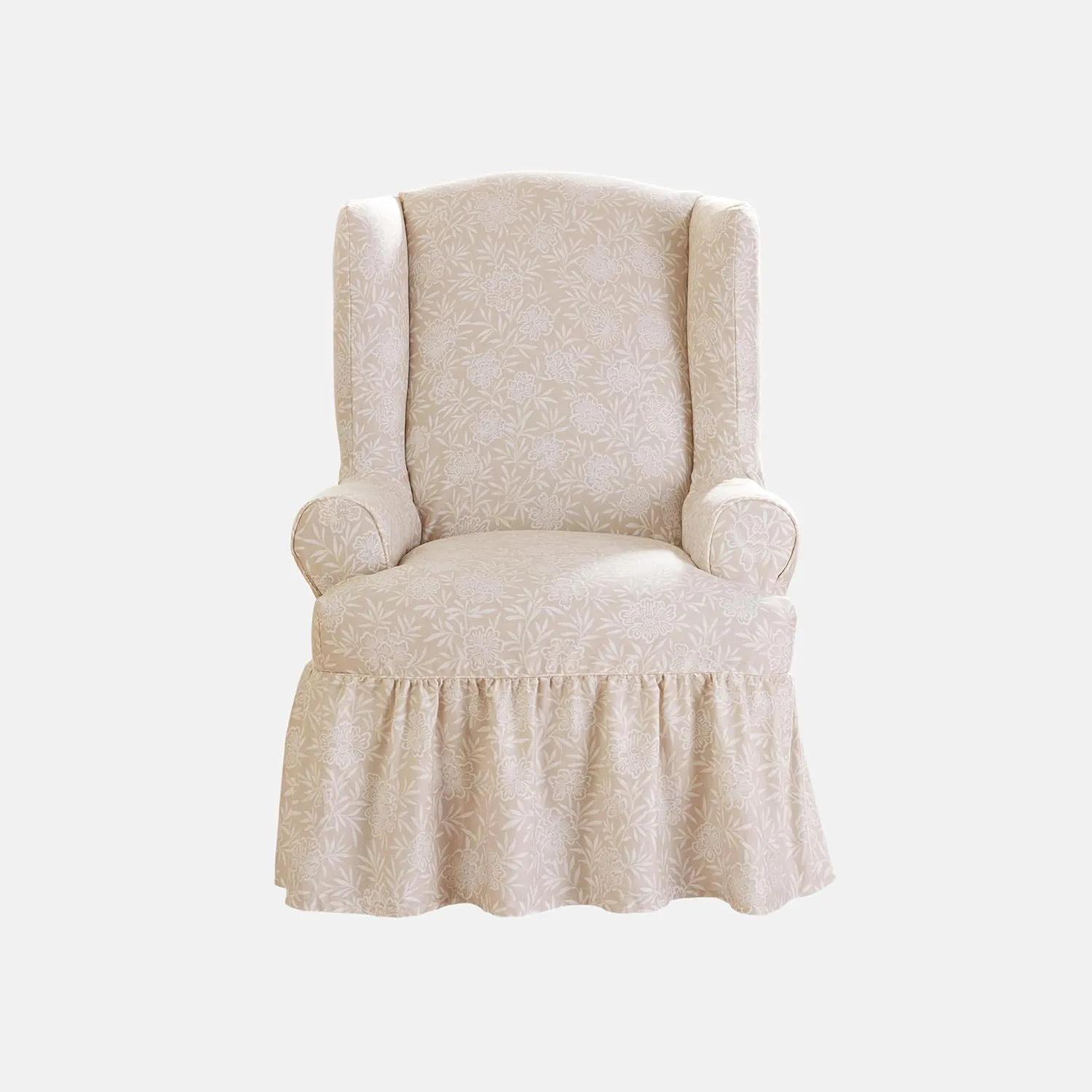 SureFit Essential Twill Ruffled Wingback Chair Slipcover, Wing Chair Cover with Cotton Printed One-Piece Design and Ruffled Skirt, Machine Washable Wingback Chair Cover, Neutral Floral